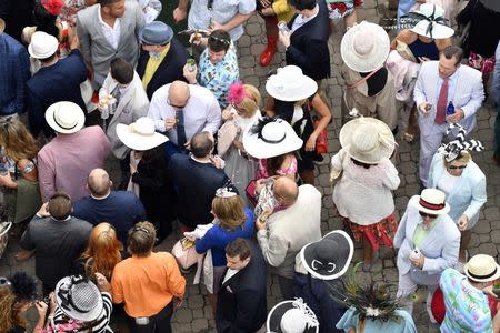 May 6, 2017; Louisville , KY, USA; A general view of fans in derby hats in the paddock area before the 2017 Kentucky Derby at Churchill Downs. Mandatory Credit: Jamie Rhodes-USA TODAY Sports