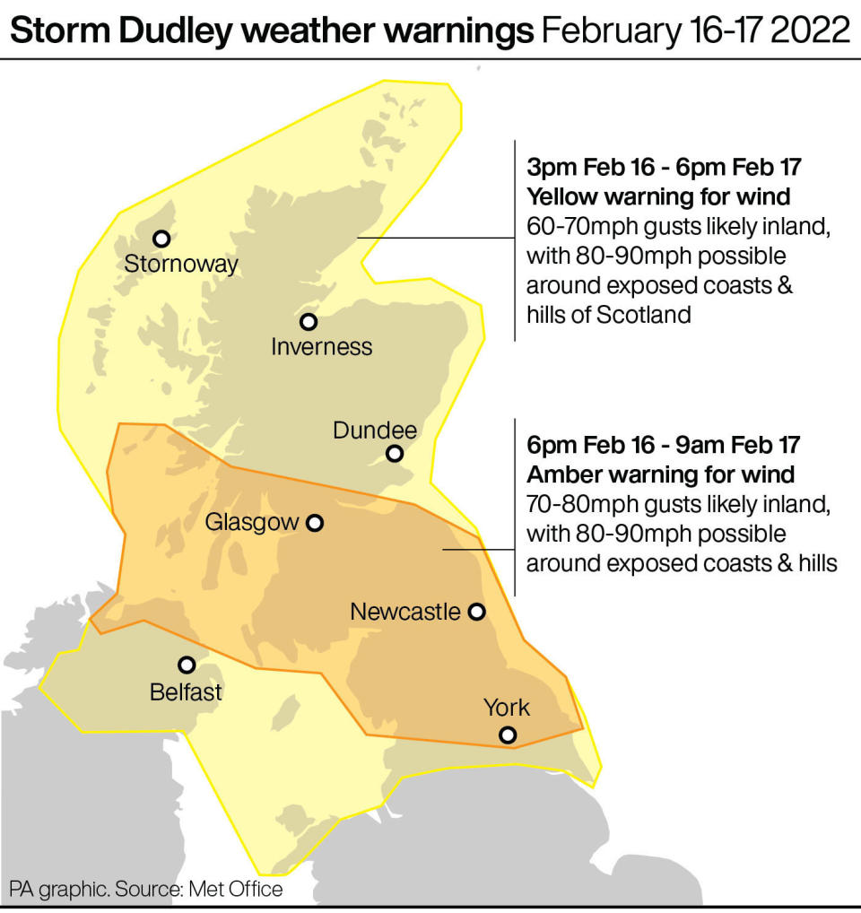 Yellow and amber weather warnings are in place for Storm Dudley (PA Graphics)