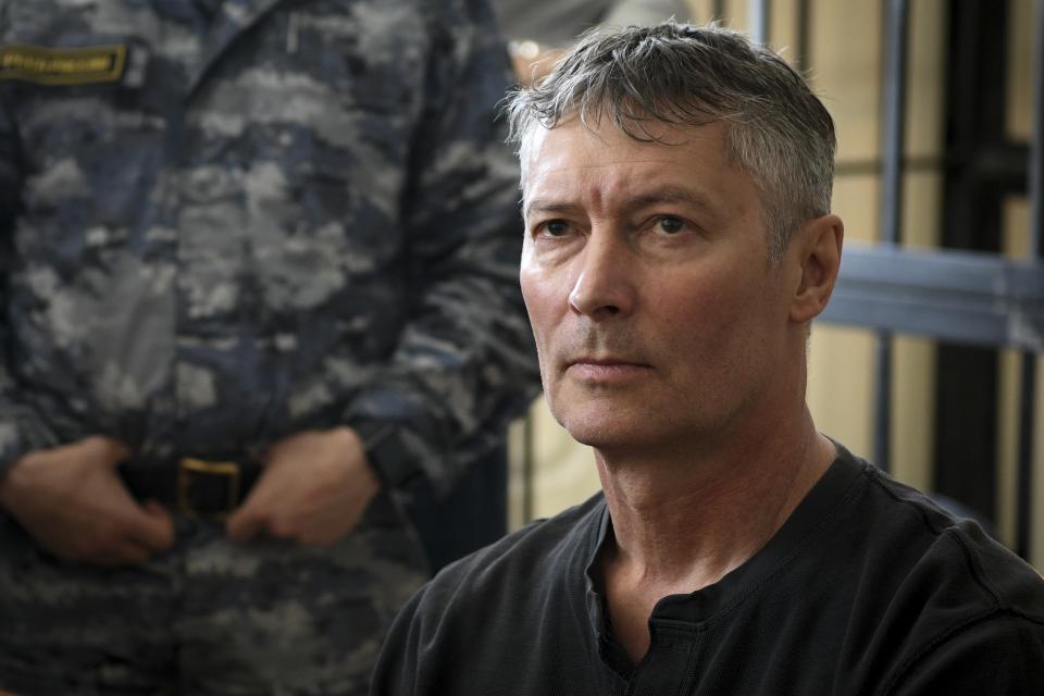Yevgeny Roizman, former mayor of Russia's fourth-largest city, sits in a courtroom in Yekaterinburg, Russia, Friday, May 19, 2023. Roizman, the former mayor of Yekaterinburg and one of Russia's most visible and charismatic opposition figures, stood trial for discrediting the military, a charge that could bring a prison sentence. But the prosecutor on Thursday called for him to be fined 260,000 rubles ($3250), suggesting he could avoid prison time. (AP Photo/Vladimir Podoksyonov)