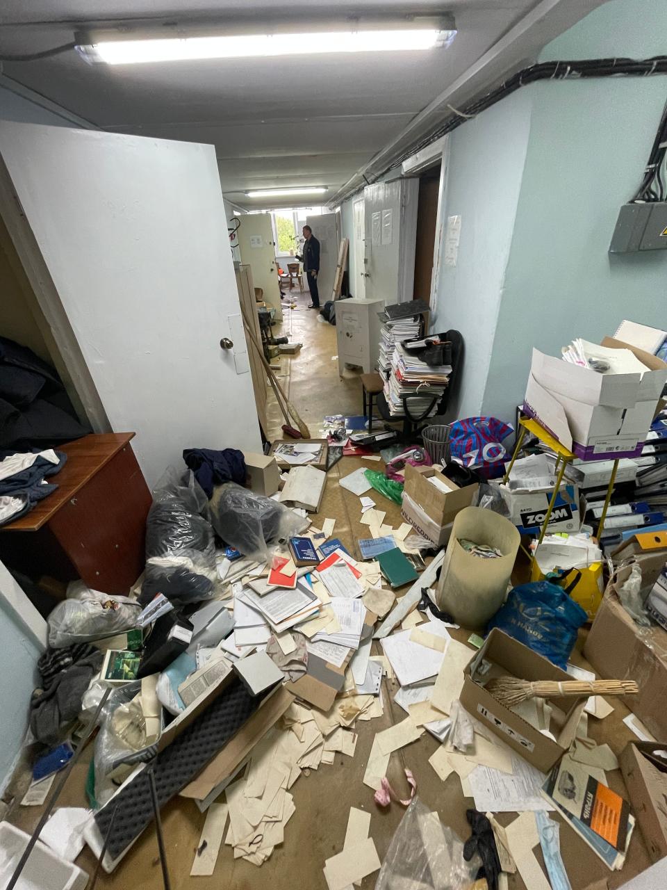 A room full of paperwork is part of the aftermath after Russian troops fled the Chernobyl nuclear power plant.