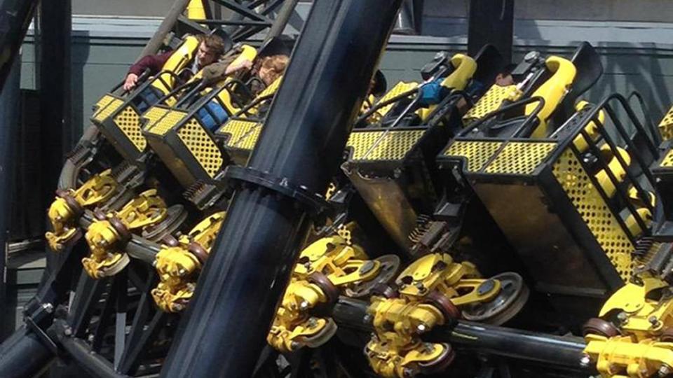 Photo taken with permission from the Twitter feed of @_ben_jamming of Alton Towers amusement park&#39;s Smiler rollercoaster after four people were seriously injured in a collision between two carriages