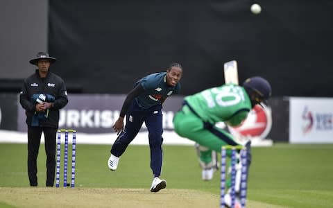 Jofra Archer of England during the ODI cricket match between Ireland and England at Malahide Cricket Club on May 3, 2019 in Dublin, Ireland - Credit:  Getty Images 