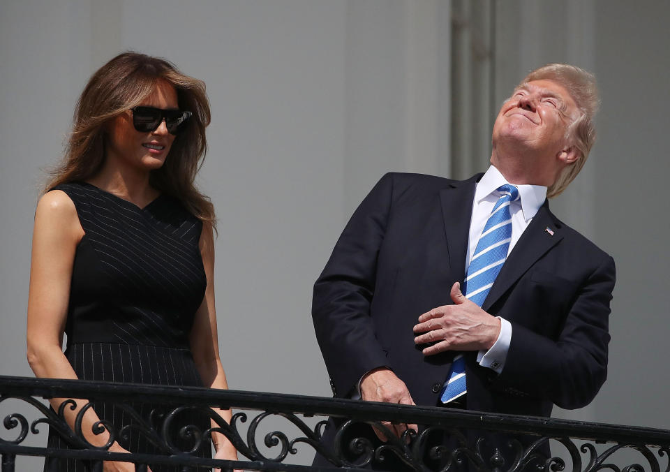 President Donald Trump looks up toward the Solar Eclipse on Aug. 21, 2017.