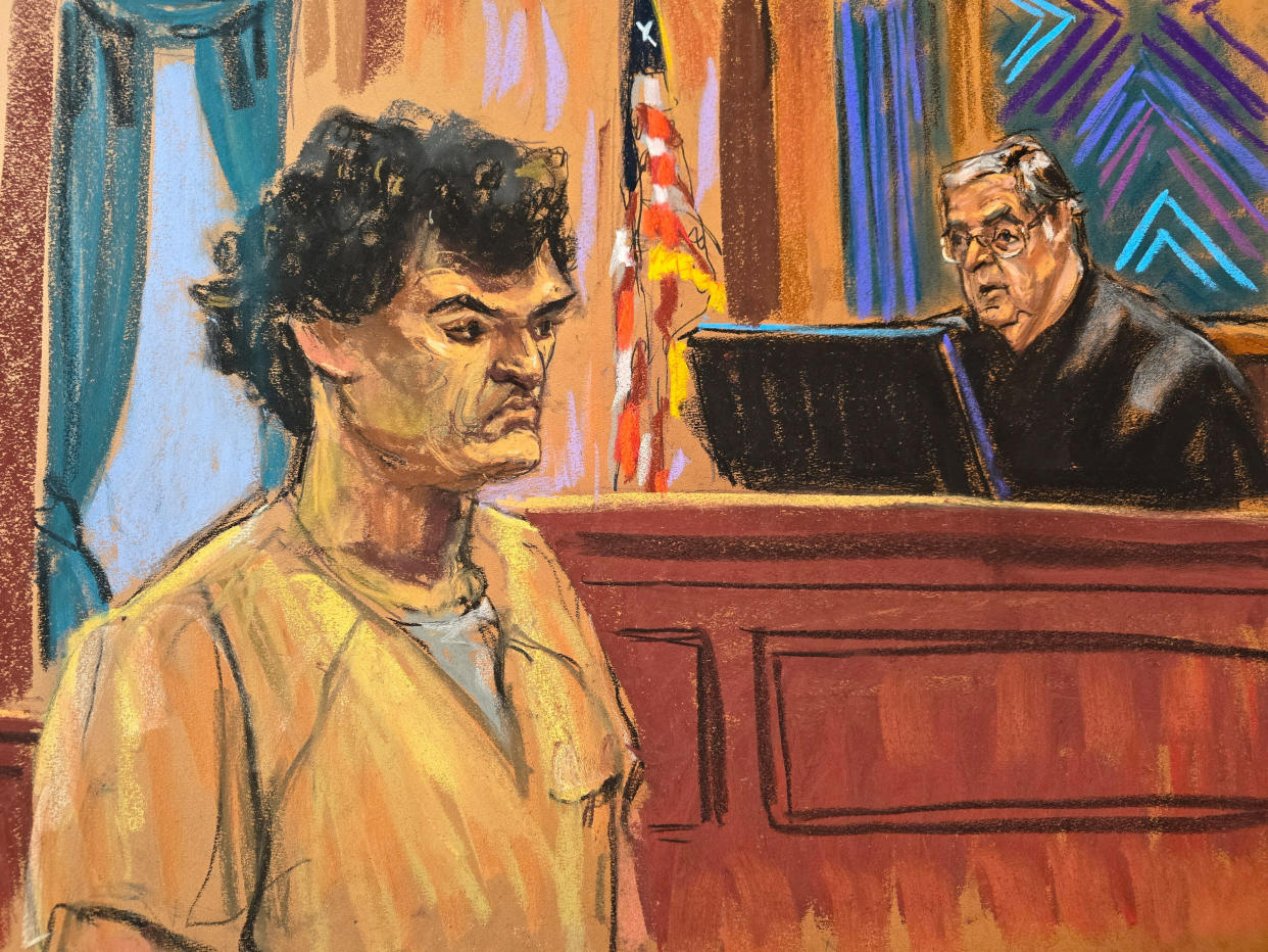 FTX cryptocurrency exchange founder Sam Bankman-Fried stands before U.S. District Judge Lewis Kaplan as he is sentenced to 25 years in prison, at Federal Court in New York City, U.S., March 28, 2024 in this courtroom sketch. REUTERS/Jane Rosenberg