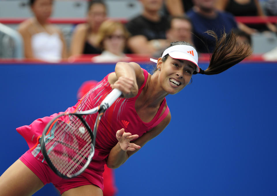 MONTREAL - AUGUST 9: Ana Ivanovic of Serbia serves to Roberta Vinci of Italy during round two of the Rogers Cup at the Uniprix Stadium on August 9, 2012 in Montreal, Quebec, Canada. (Photo by Robert Laberge/Getty Images)