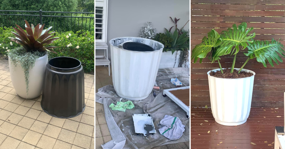 First photo: At left, a white ceramic planter filled with plants; at right, a black compost bin without lid. Centre photo: The bin has been turned upside down, painted white and a smaller pot placed inside. Third photo: The pot has a large monstera deliciosa planted inside, surrounded by mulch. It looks like an expensive concrete moulded pot and sits on a wooden deck. 