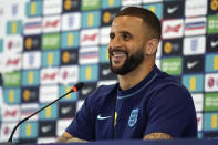 England's Kyle Walker speaks to the media during a press conference at Al Wakrah Sports Complex, in Al Wakrah, Qatar, Wednesday, Dec. 7, 2022. (AP Photo/Abbie Parr)