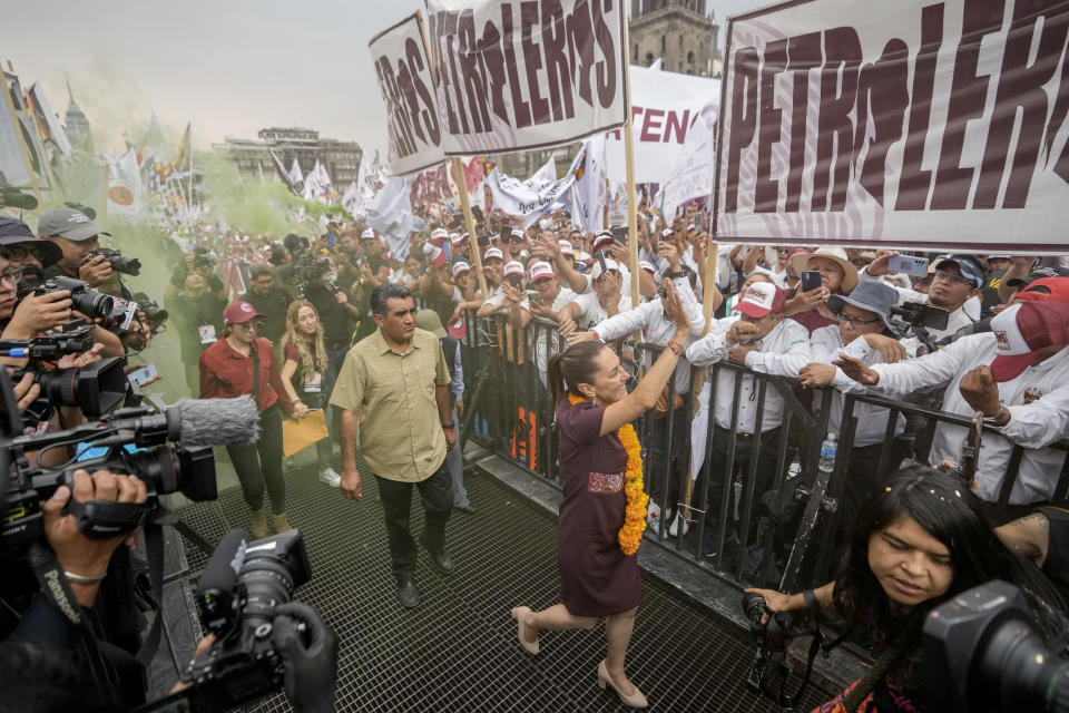 Presidential candidate Claudia Sheinbaum arrives at her closing campaign rally at the Zocalo in Mexico City, Wednesday, May 29, 2024. (AP Photo/Eduardo Verdugo)