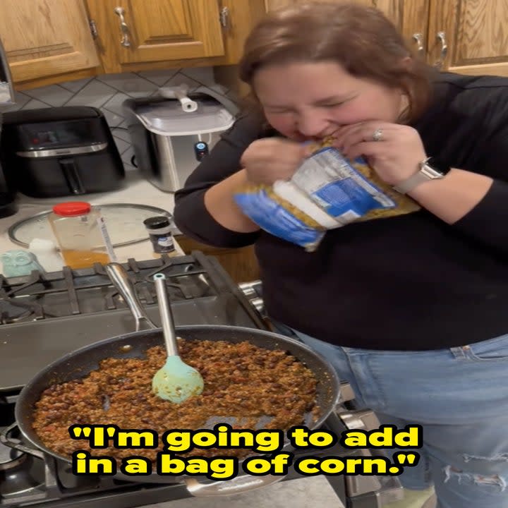 jessica opening a bag of frozen corn with her teeth