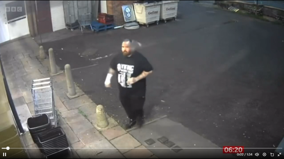 CCTV footage showed a pigeon hitting a man in the side of the head. (BBC screengrab)