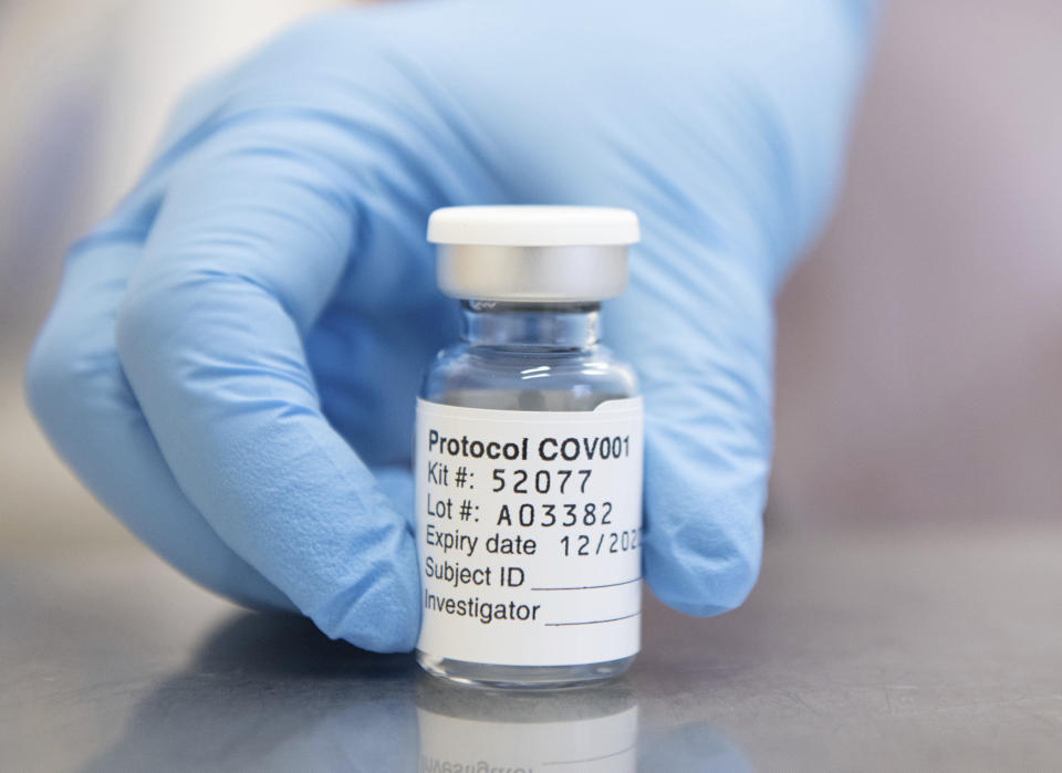 FILE - This undated file photo issued by the University of Oxford on Monday, Nov. 23, 2020, shows of vial of coronavirus vaccine developed by AstraZeneca and Oxford University, in Oxford, England. With major COVID-19 vaccines showing high levels of protection, British officials are cautiously — and they stress cautiously — optimistic that life may start returning to normal by early April. Even before regulators have approved a single vaccine, the U.K. and countries across Europe are moving quickly to organize the distribution and delivery systems needed to inoculate millions of citizens. (University of Oxford/John Cairns via AP, File)