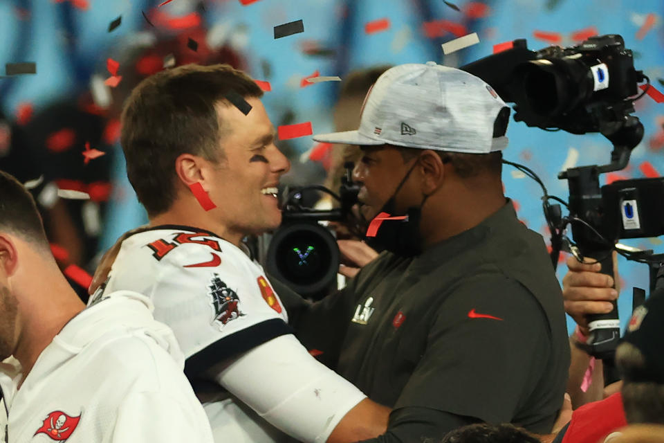 Tom Brady of the Tampa Bay Buccaneers celebrates with offensive coordinator Byron Leftwich after defeating the Kansas City Chiefs in Super Bowl LV. (Photo by Mike Ehrmann/Getty Images)