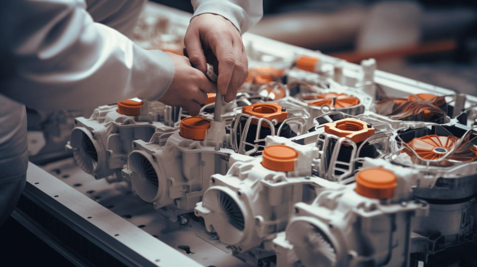 A team of workers wearing white hardhani and safety goggles assembling a complex HVAC system.