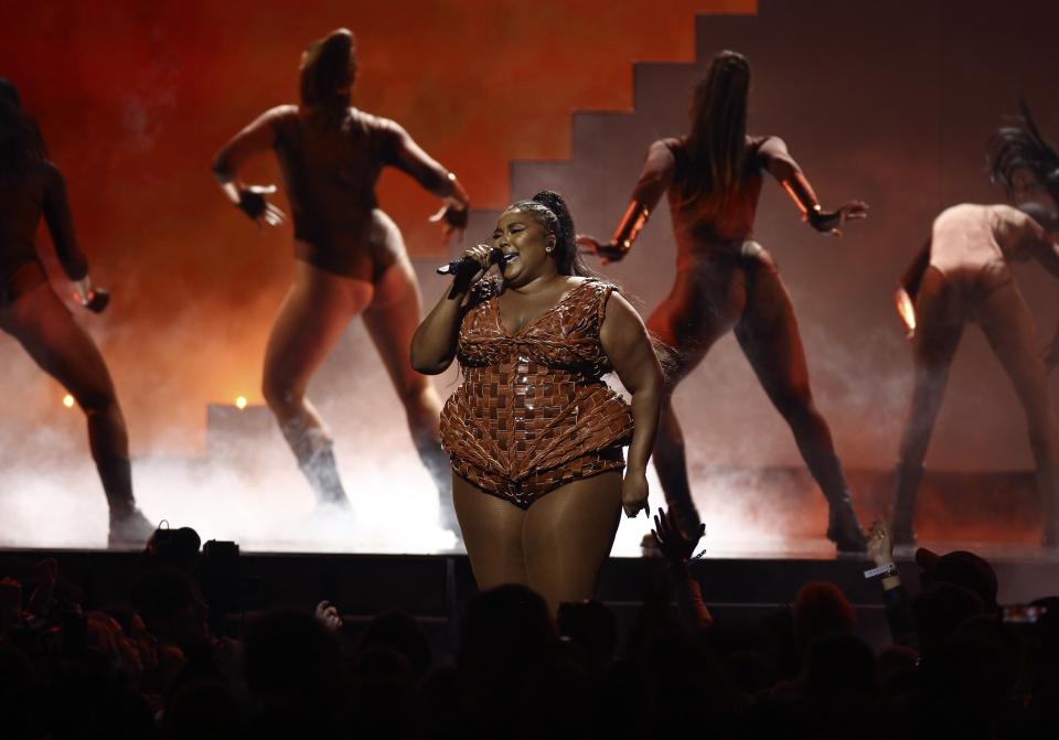 Lizzo performs on stage at the Brit Awards 2020 in London, Tuesday, Feb. 18, 2020. (Photo by Joel C Ryan/Invision/AP)