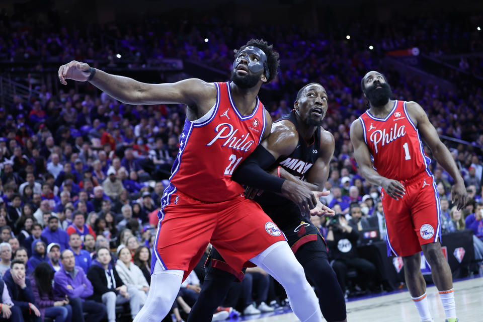 PHILADELPHIA, PA, USA - MAY 8: Joel Embiid, James Harden of Philadelphia 76ers and Bam Adebayo of Miami Heat in action during NBA semifinals between Philadelphia 76ers and Miami Heat at the Wells Fargo Center in Philadelphia, Pennsylvania, United States on May 8, 2022. (Photo by Tayfun Coskun/Anadolu Agency via Getty Images)