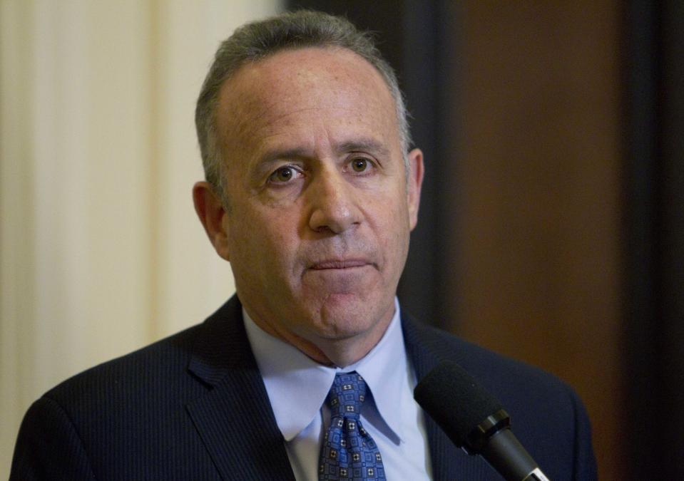 California Senate President Pro Tem Darrell Steinberg, D-Sacramento, speaks to the media about a resolution to suspend three Democrats who face charges in criminal cases outside of his Capitol office in Sacramento, Calif., on Friday, March 28, 2014. The resolution, which passed 28-1, prevents Democratic Sens. Ron Calderon, Leland Yee and Rod Wright from exercising any power of their office until the pending criminal cases against them have been resolved.(AP Photo/Steve Yeater)