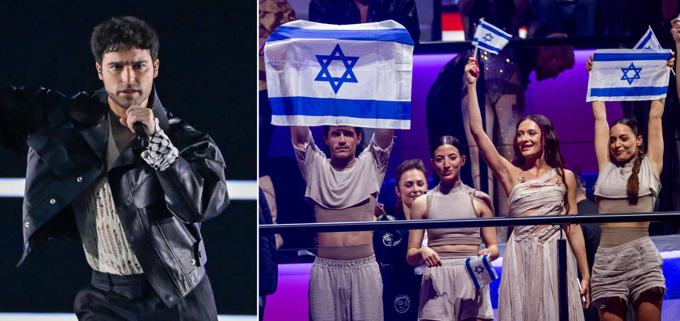 09 May 2024, Sweden, Malmö: Eden Golan (2nd from right) and her team from Israel celebrate after reaching the final of the Eurovision Song Contest (ESC) 2024. The motto of the world's biggest singing competition is "United By Music". Photo: Jens Büttner/dpa (Photo by Jens Büttner/picture alliance via Getty Images)