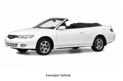 Police search for a suspect vehicle was identified as a 1990s to early 2000s white Toyota Solara black top convertible with damage to the front right headlight assembly, hood, and windshield. The vehicle also appeared to be missing rims/hubcaps on the left side. (LVMPD)