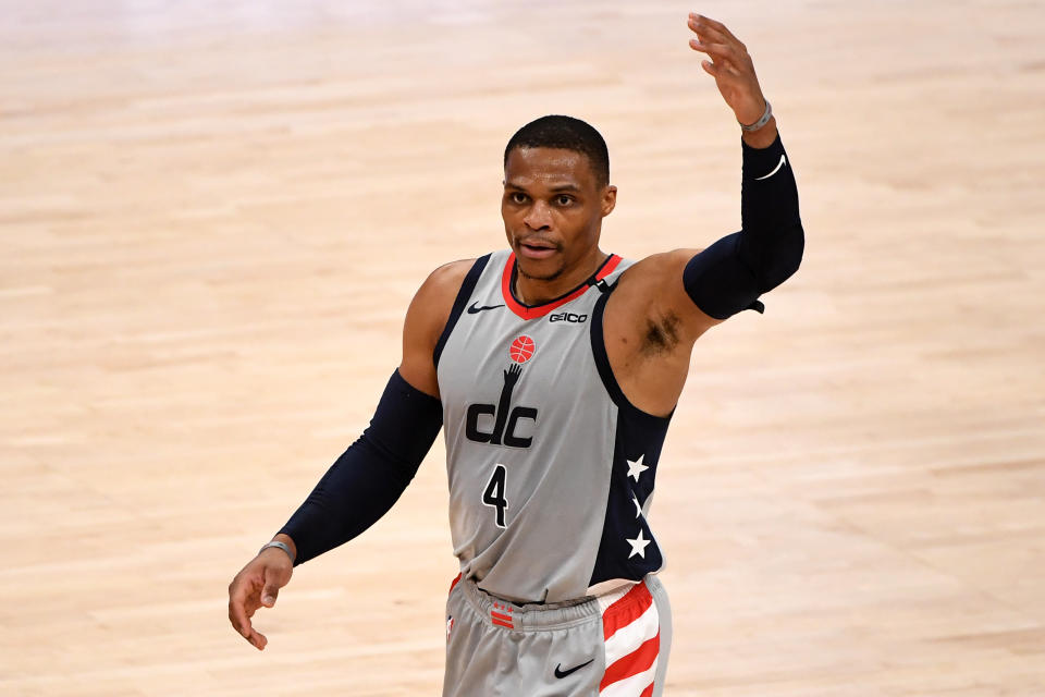 WASHINGTON, DC - MAY 20: Russell Westbrook #4 of the Washington Wizards reacts towards the crowd after a play against the Indiana Pacers during the first half at Capital One Arena on May 20, 2021 in Washington, DC. NOTE TO USER: User expressly acknowledges and agrees that, by downloading and or using this photograph, User is consenting to the terms and conditions of the Getty Images License Agreement. (Photo by Will Newton/Getty Images)