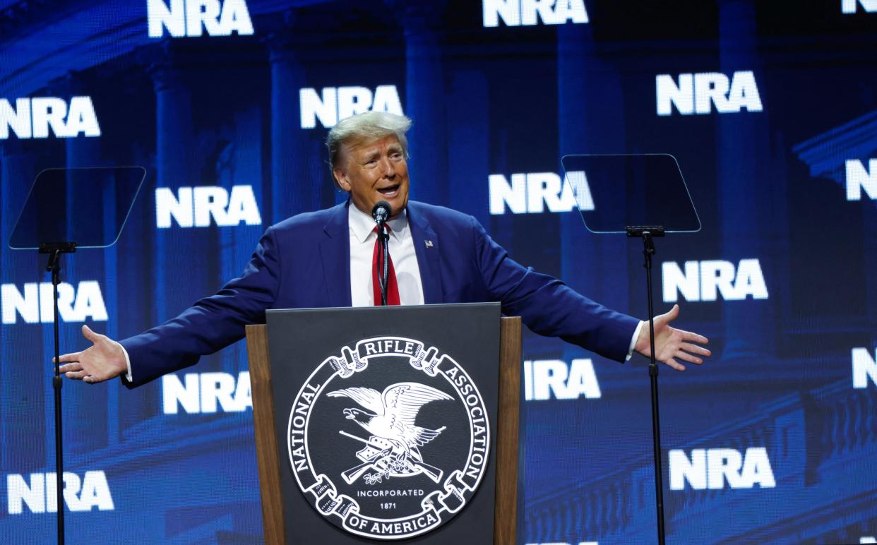 Former U.S. President Donald Trump speaks at the National Rifle Association (NRA) annual meeting in Indianapolis, Indiana, U.S. April 14, 2023 (REUTERS)
