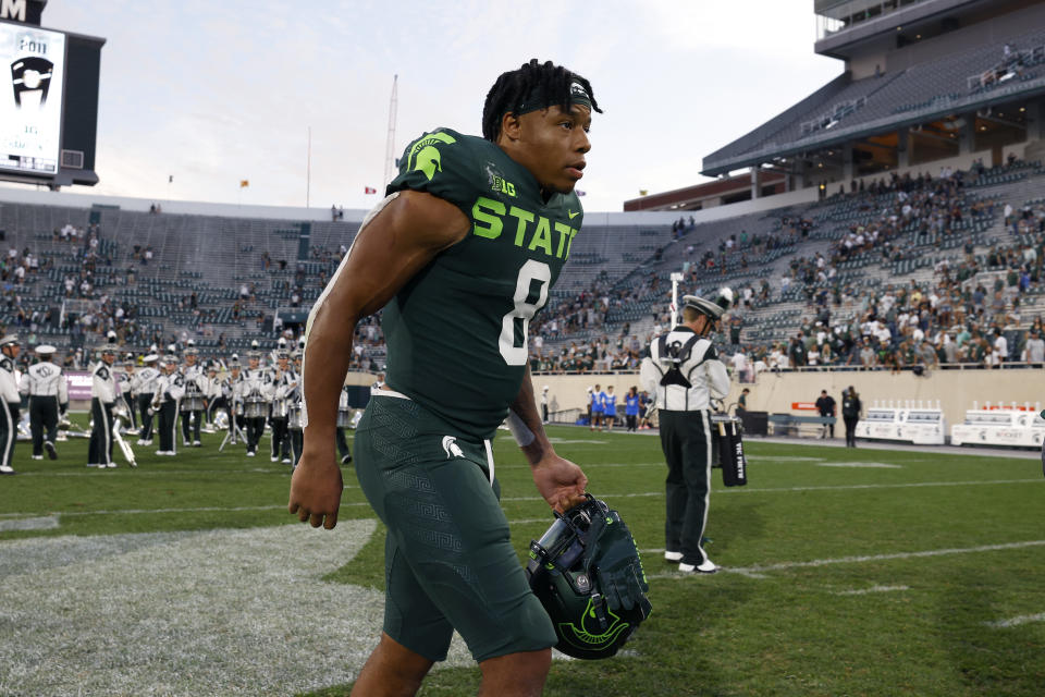 FILE - Michigan State's Jalen Berger runs off the field following an NCAA football game on Saturday, Sept. 10, 2022, in East Lansing, Mich. Berger is the key if the Spartans are going to re-establish a running game that dropped off dramatically following the departure of 2021 Doak Walker Award winner Kenneth Walker III. (AP Photo/Al Goldis, File)