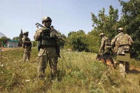 Ukrainian servicemen search for explosives with a sniffer dog around a checkpoint near the eastern Ukrainian town of Debaltseve, August 16, 2014. REUTERS/Valentyn Ogirenko