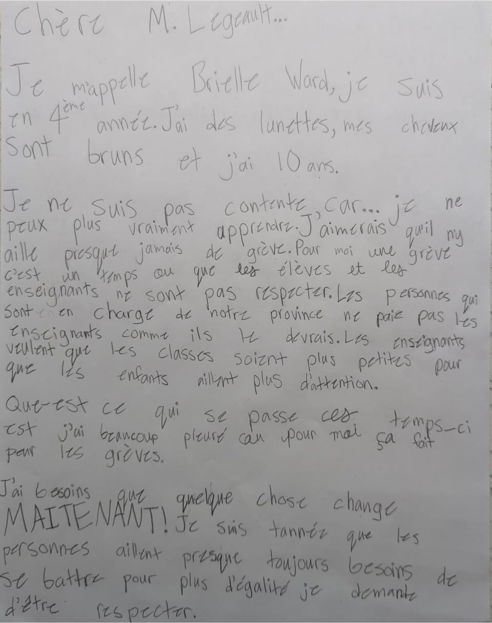 Brielled Ward, 10, mailed this letter to Premier François Legault's office. 