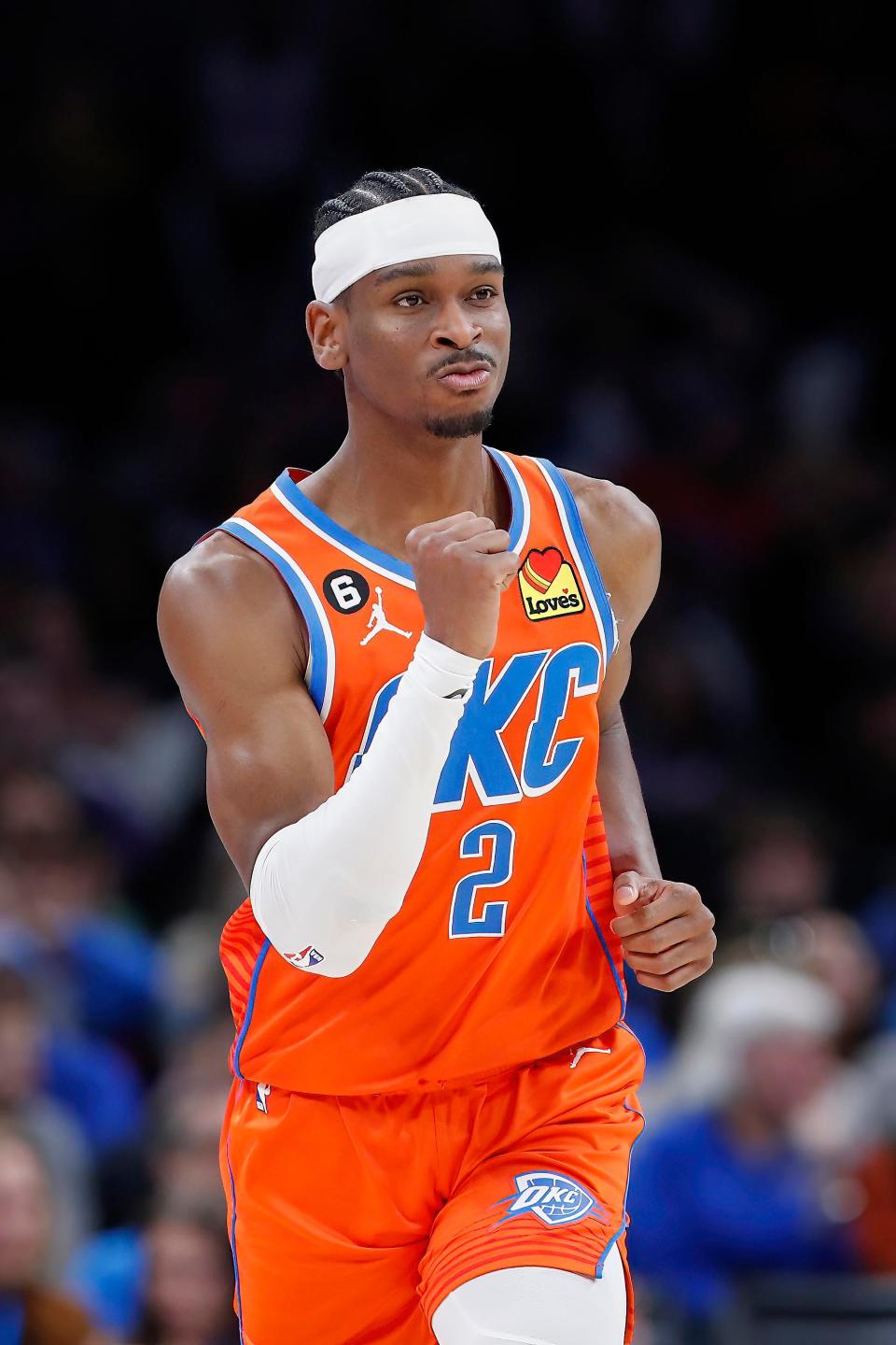 Thunder guard Shai Gilgeous-Alexander gestures after scoring two of his team-high 40 points Sunday.