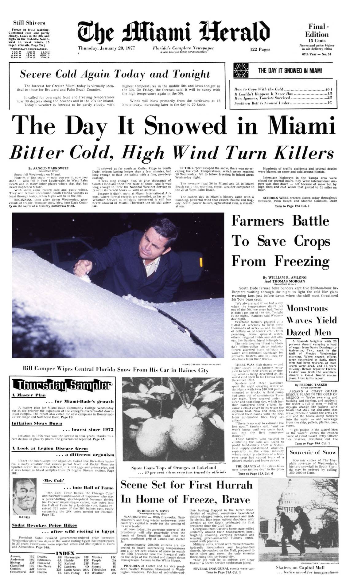 The front page of The Miami Herald on January 20, 1977, the day after it snowed in Miami.