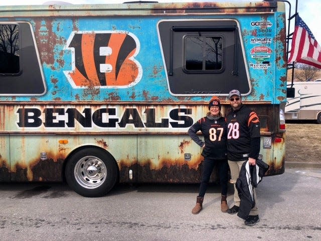 Kate (left) and Daryl before the AFC Championship Game. The RV is not theirs.