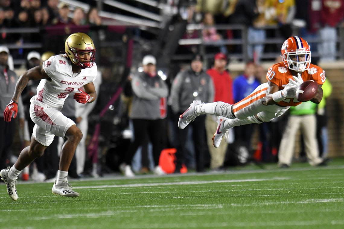 Clemson’s Nate Wiggins made an attempt to intercept a pass intended for Boston College’s Joseph Griffin during the first half of an NCAA college football game Saturday, Oct. 8, 2022, in Boston. (AP Photo/Mark Stockwell)