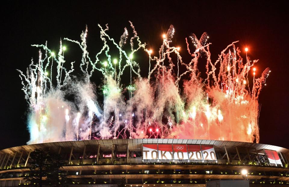 Fireworks go off around the Olympic Stadium during the closing ceremony of the Tokyo 2020 Olympic Games, as seen from outside the venue in Tokyo on August 8, 2021. (Photo by Kazuhiro NOGI / AFP) (Photo by KAZUHIRO NOGI/AFP via Getty Images)