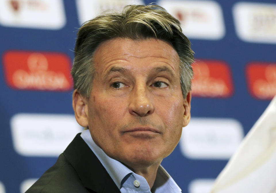 FILE - IAAF President Sebastian Coe attends a press conference ahead of the Doha IAAF Diamond League in Doha, Qatar, May 2, 2019. (AP Photo/Kamran Jebreili, File)