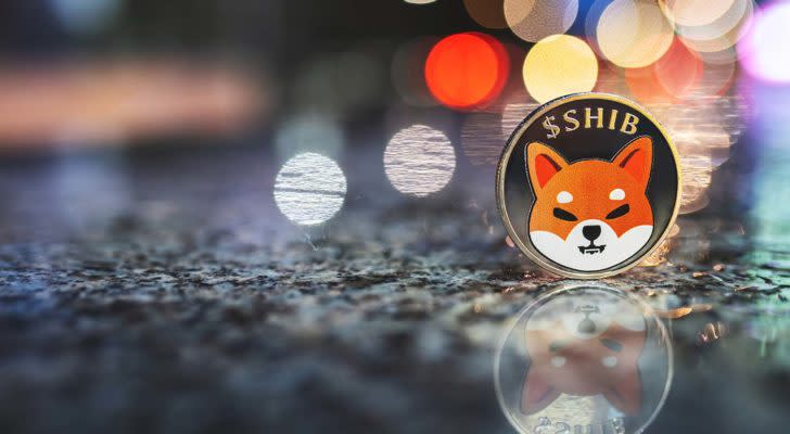 A concept token for the Shiba Inu (SHIB) crypto with lights sparkling in the background.