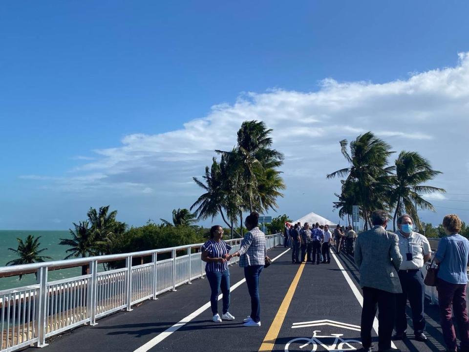 Florida Keys officials and residents gather on Jan. 12, 2022, in Marathon to celebrate a section of the Old Seven Mile Bridge reopening after a $44 million renovation.