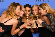 <p>The <em>Big Little Lies </em>ladies huddled close in the press room after the female-centered HBO series took home the statue for Best Television Limited Series or Motion Picture Made for Television. (Photo: Kevin Winter/Getty Images) </p>