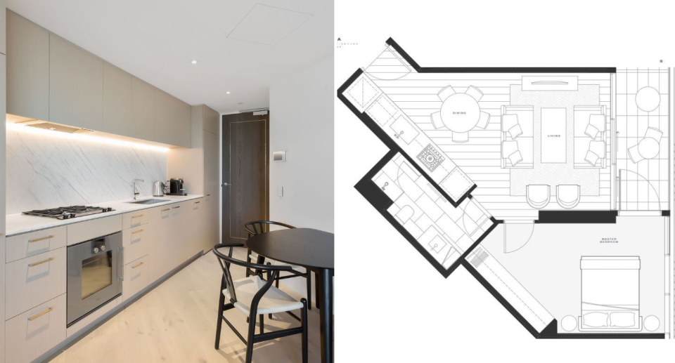 Image of the front door leading on to the kitchen across one wall on the left. Image of apartment's floor plan on the right.