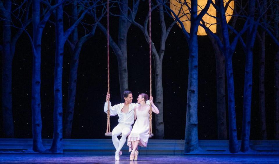 Prince Charming (Victor Maguad) and Cinderella (Michelle Katcher) swing together at the close of the ballet during a dress rehearsal Thursday, Feb. 15, 2024, at the SAFE Credit Union Performing Arts Center. Lezlie Sterling/lsterling@sacbee.com