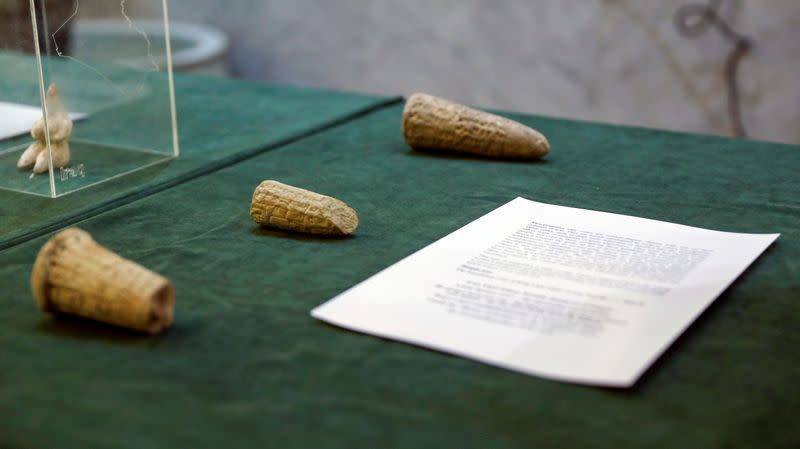 Artifacts seized by the U.S. government and returned to Iraq are displayed at the Ministry of Foreign Affairs in Baghdad