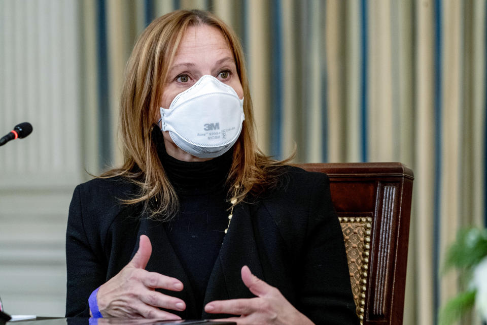 Mary Barra, CEO of General Motors, speaks during a meeting with President Joe Biden and private sector CEOs about the economy in the State Dining Room of the White House in Washington, Wednesday, Jan. 26, 2022. (AP Photo/Andrew Harnik)