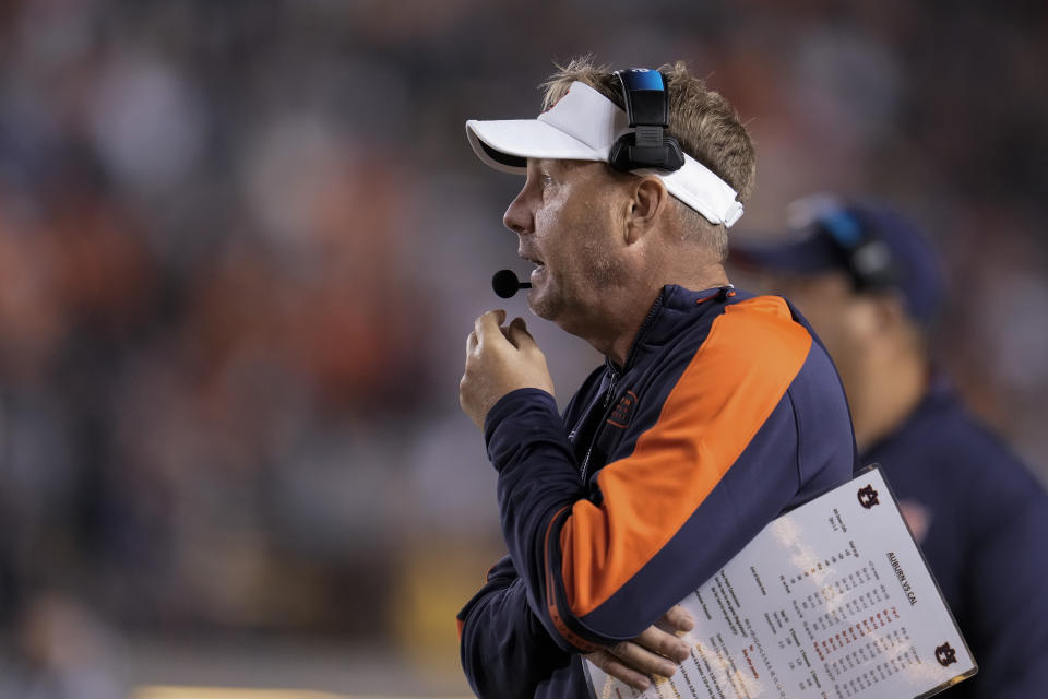 Auburn coach Hugh Freeze watches during the second half of the team's NCAA college football game against California, Saturday, Sept. 9, 2023, in Berkeley, Calif. (AP Photo/Godofredo A. Vásquez)