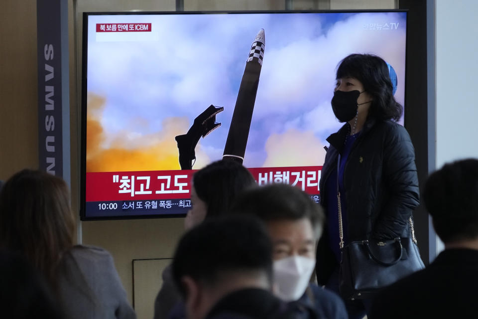 A TV screen shows an image of North Korea's missile launch during a news program at the Seoul Railway Station in Seoul, South Korea, Saturday, Nov. 19, 2022. North Korean leader Kim Jong Un said the test of a newly developed intercontinental ballistic missile confirmed that his country has another "reliable and maximum-capacity" weapon to contain outside threats, as he warned the United States and its allies that their alleged provocative steps would lead to "their self-destruction," state media reported Saturday. (AP Photo/Ahn Young-joon)