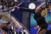 Serena Williams, of the United States, serves to Qiang Wang, of China, during the quarterfinals of the U.S. Open tennis tournament Tuesday, Sept. 3, 2019, in New York. (AP Photo/Charles Krupa)