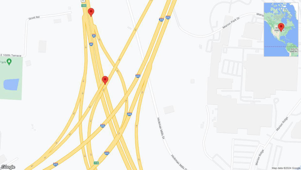 A detailed map that shows the affected road due to 'Broken down vehicle on northbound I-40/US-71 in Kansas City' on July 18th at 12:43 p.m.