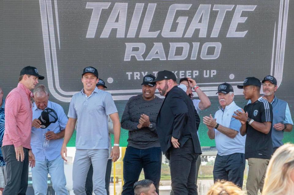 A gathering of Kansas City athletes and sports executives were on the stage after Garth Brooks announced the launch of a sports radio venture called “Tailgate Radio” at Kauffman Stadium on Tuesday, Aug. 29, 2023, in Kansas City.