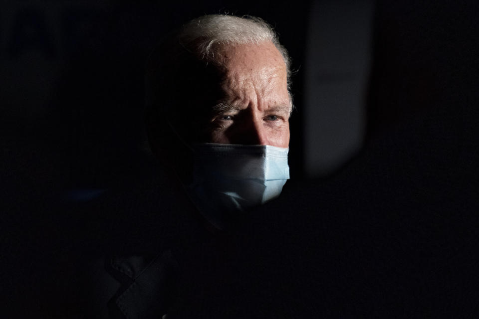 Democratic presidential candidate former Vice President Joe Biden speaks to members of the media before boarding a plane at John Murtha Johnstown-Cambria County Airport, Wednesday, Sept. 30, 2020, in Johnstown, Pa., to travel to Wilmington, Del.(AP Photo/Andrew Harnik)