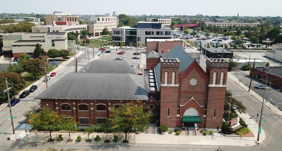 Saint Patrick Church, 280 N. Grant St., is the second-oldest Catholic church building in Columbus, Ohio. Located in the Discovery District neighborhood, the structure served as the pro-cathedral of the Roman Catholic Diocese of Columbus until the consecration of Saint Joseph Cathedral. Columbus State Community College is in the background.