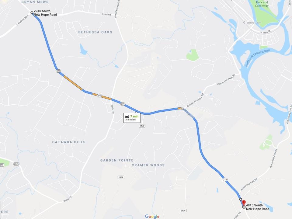 This map shows the 3.8-mile span of South New Hope Road in Gastonia that is scheduled to be widened from two to four lanes. [Google Maps]