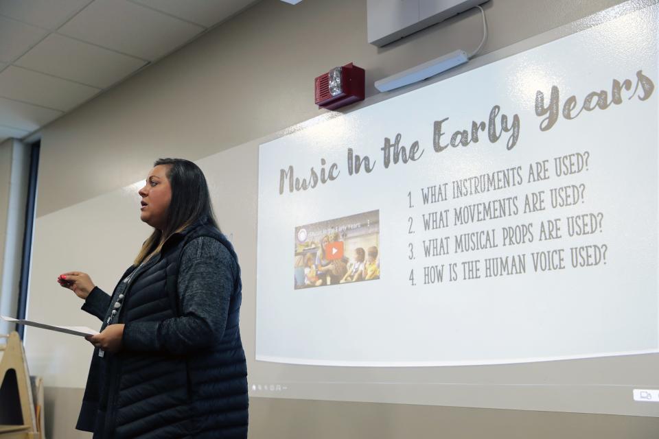 Instructor Erica Berndt teaches a social studies, art and music class at Fox Valley Technical College Thursday, April 20, 2023, in Appleton, Wis. The class is part of the early childhood education program.
Dan Powers/USA TODAY NETWORK-Wisconsin.