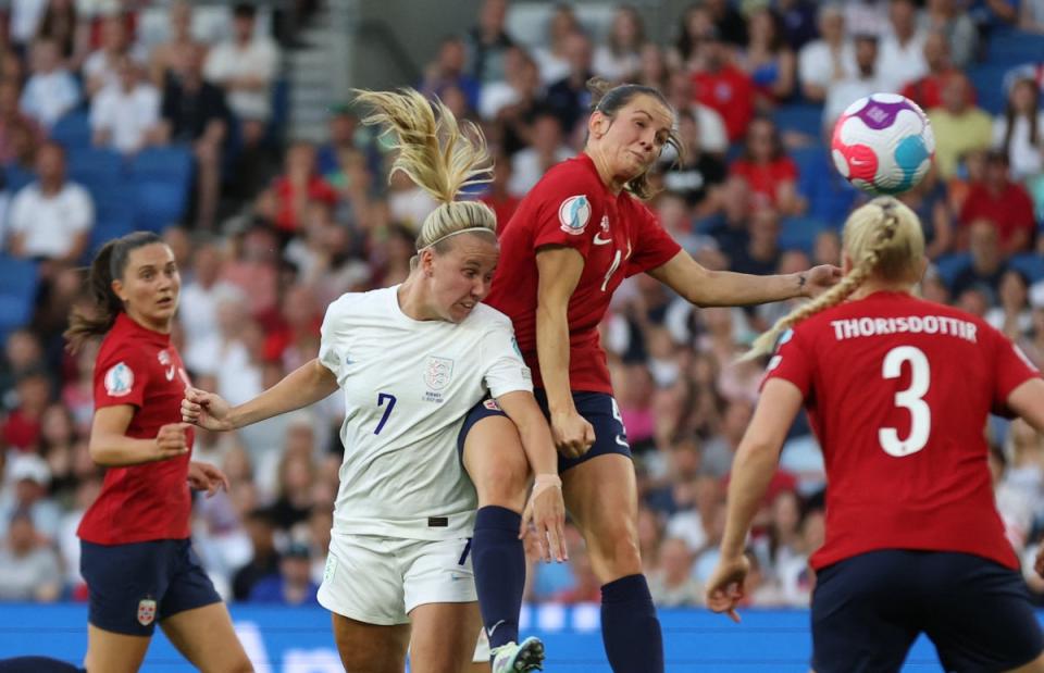 England’s Beth Mead scores their fourth goal (REUTERS)